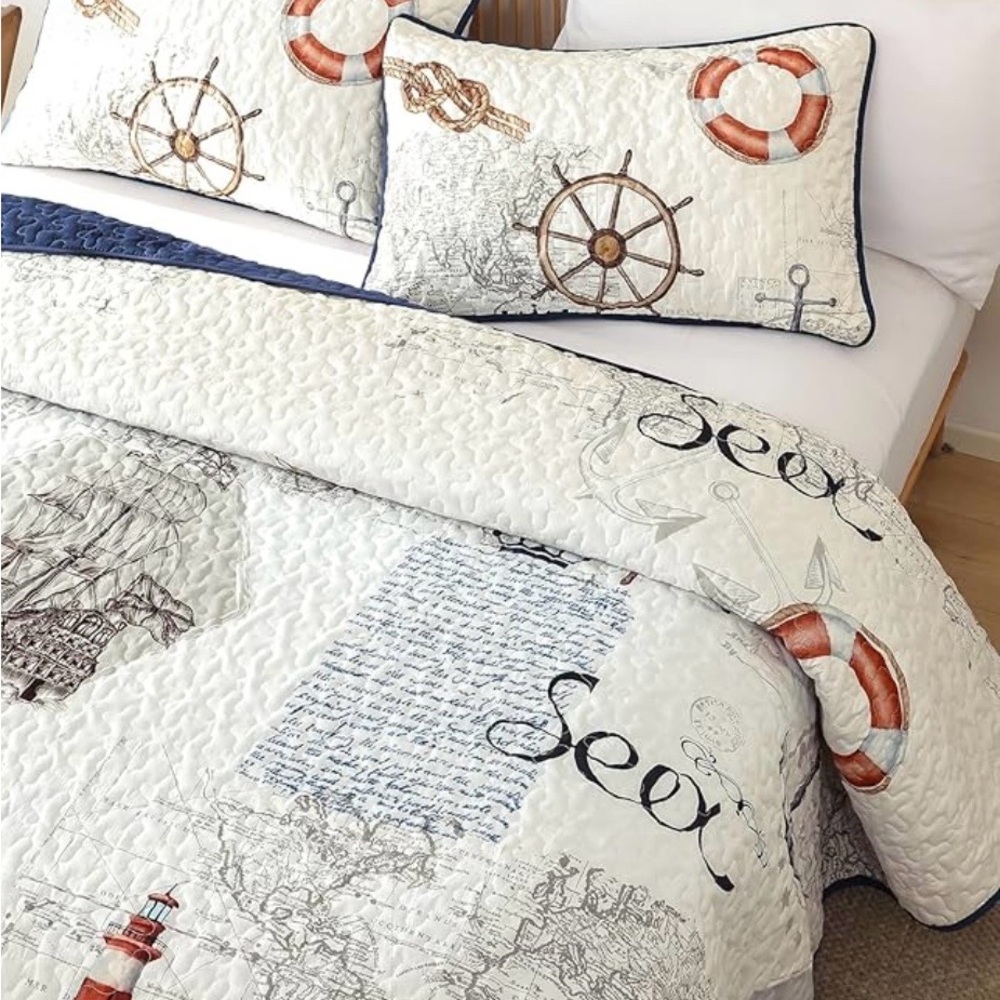 Nautical Quilted Coverlet in White and Navy with Rust Accents